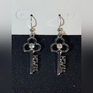 Silver Tone Dangling Key Earring  “Teach”